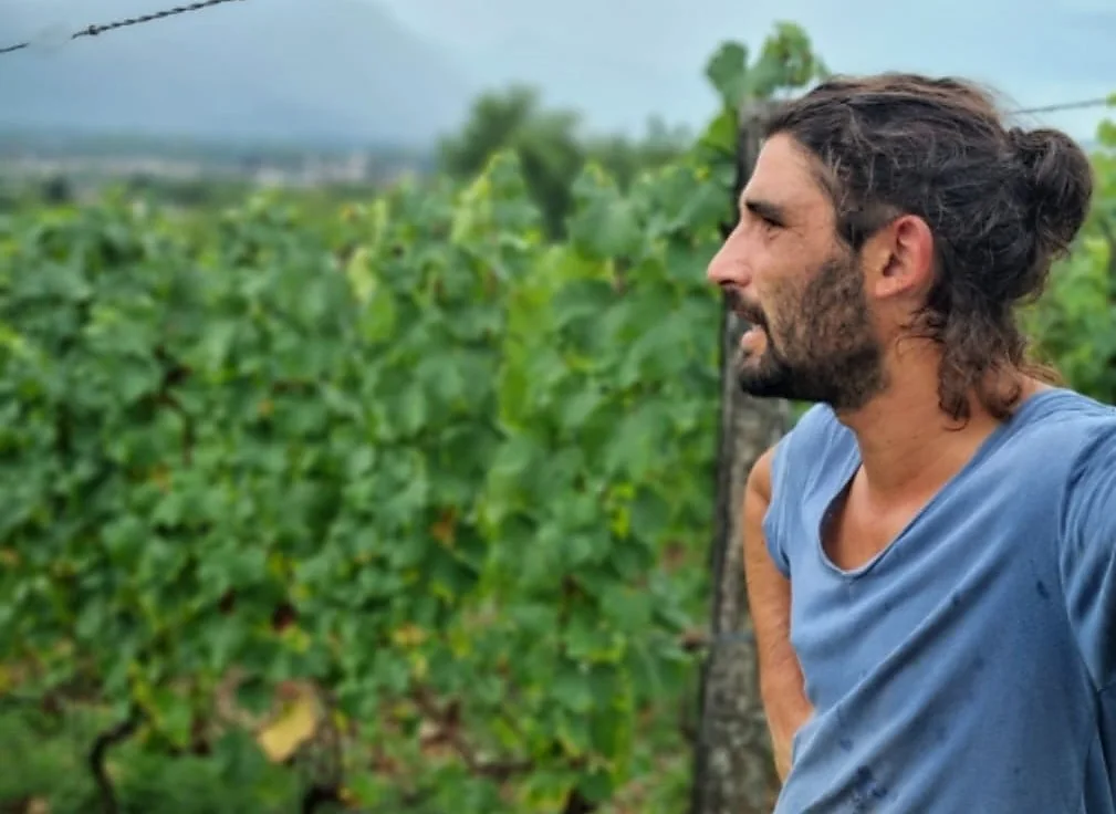 Romain dans les vignes des Mauvaises Herbes à Vourey